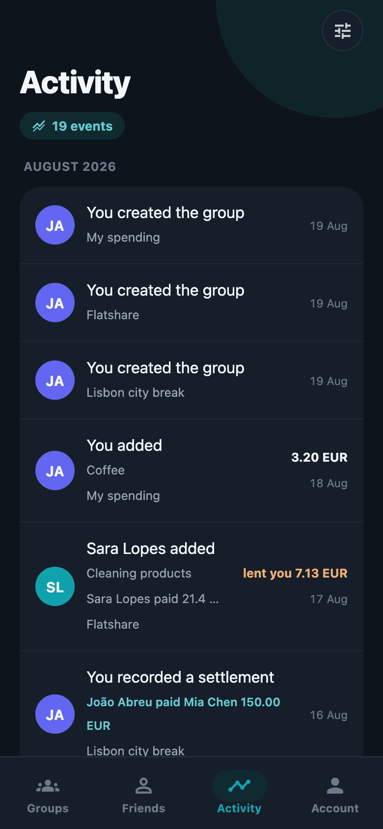 The Activity screen, a feed of recent changes across groups