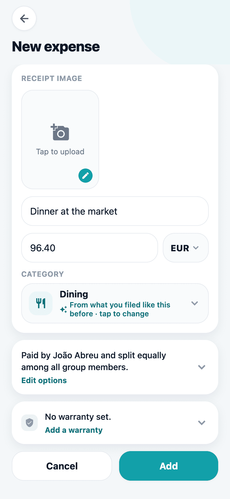 The Add expense screen, with amount, payer and a split between members