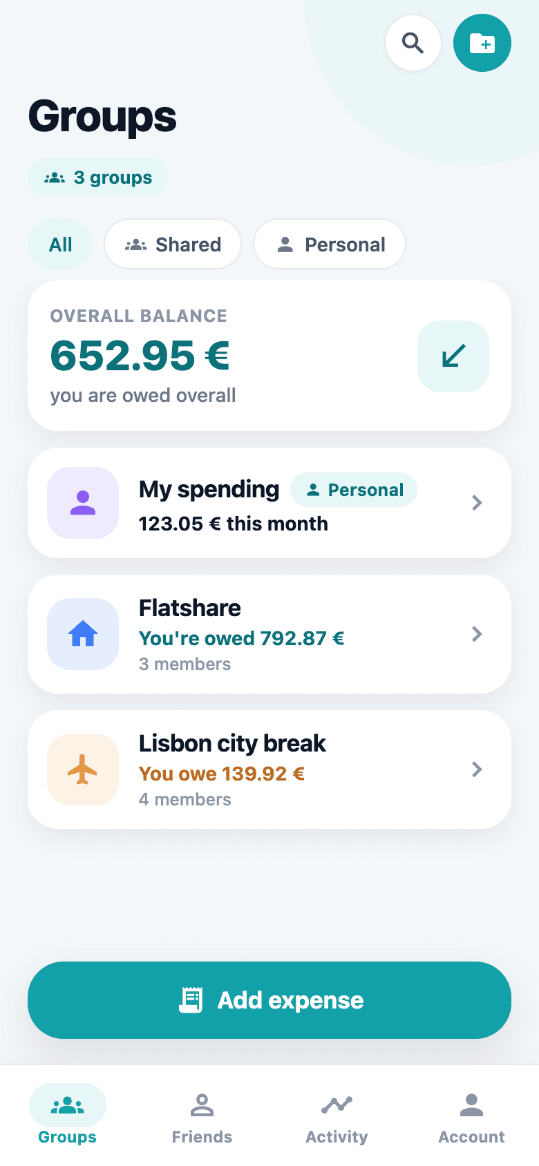 The Groups screen, listing each group with what you owe or are owed